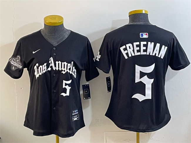 Youth Los Angeles Dodgers #5 Freddie Freeman Black 2025 World Series Champions LA Gothic Edition Limited Stitched Baseball Jersey